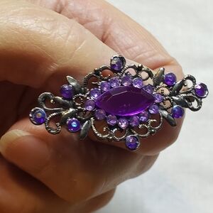 Elegant Vintage Purple Crystal Antiqued Silver Filigree Brooch